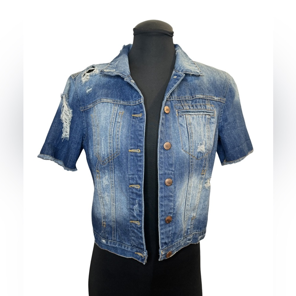 Highway Jeans Distressed Cropped Short Sleeve Jean Jacket